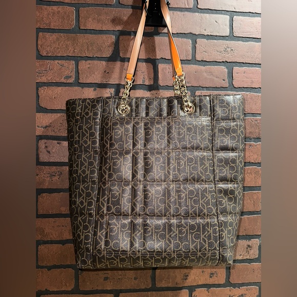 Calvin Klein Brown Monogram Quilted Tote with Yellow Trim - Picture 2 of 8